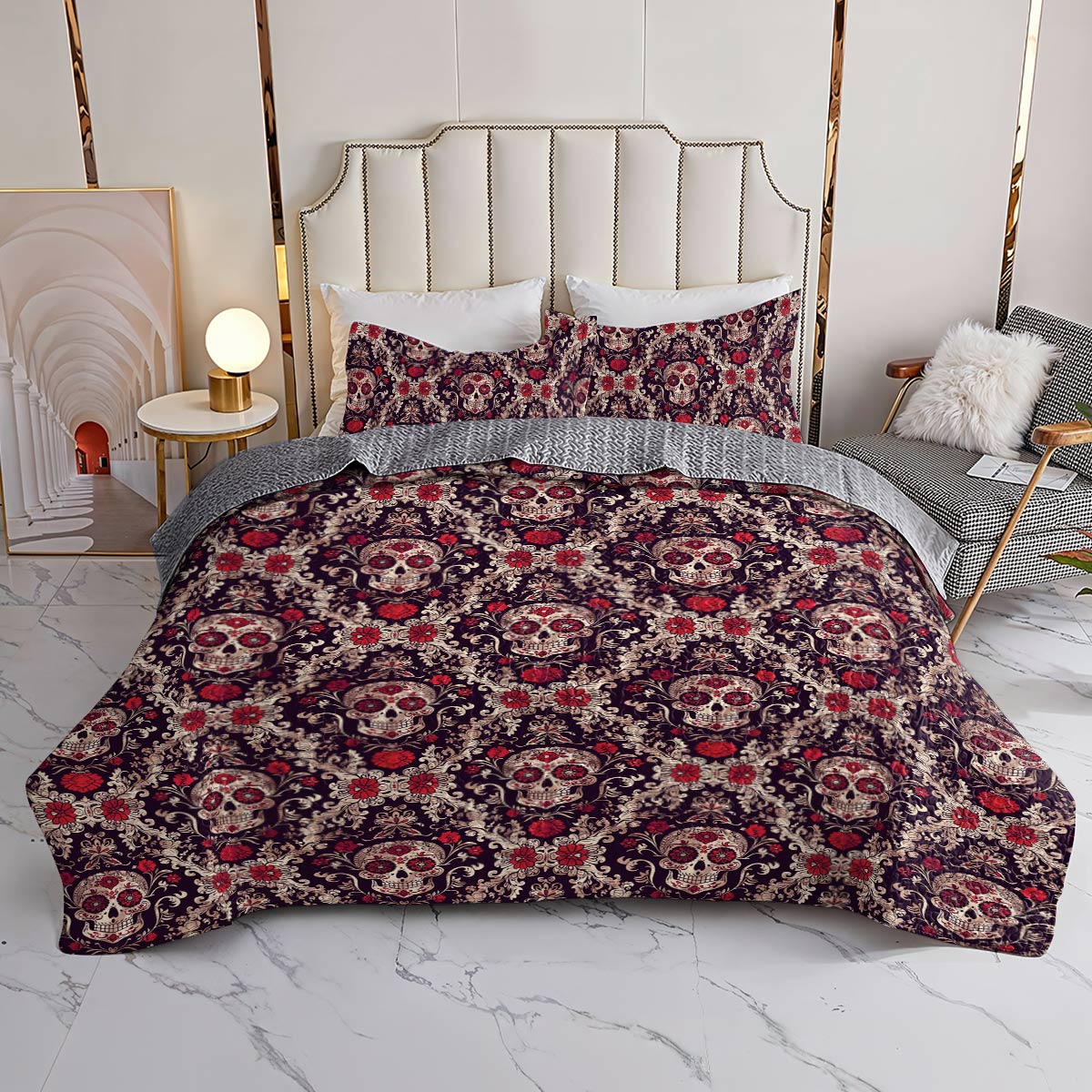 Shineful All Season Quilt 3-Piece Set Resplendent Damask Pattern Skull Love