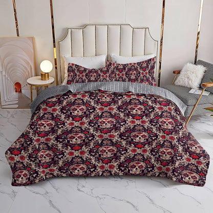 Shineful All Season Quilt 3-Piece Set Resplendent Damask Pattern Skull Love