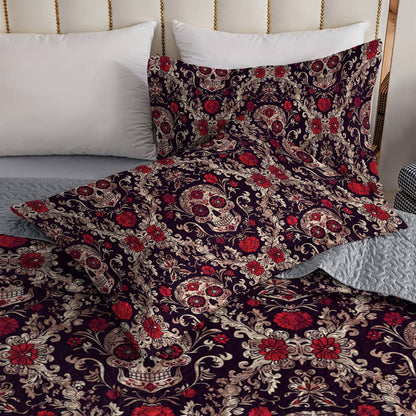 Shineful All Season Quilt 3-Piece Set Resplendent Damask Pattern Skull Love