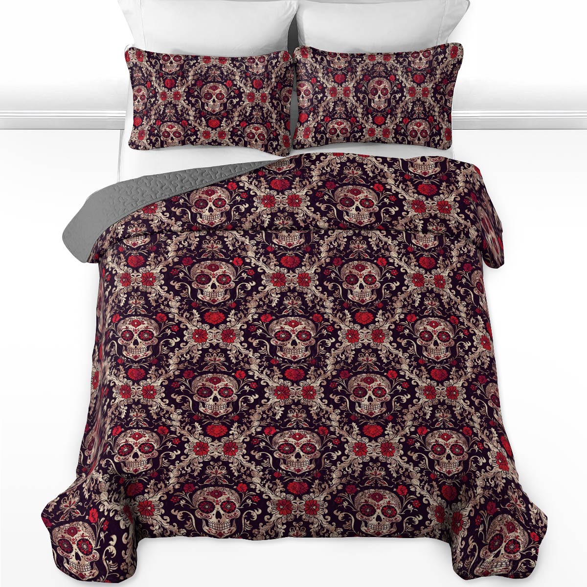 Shineful All Season Quilt 3-Piece Set Resplendent Damask Pattern Skull Love