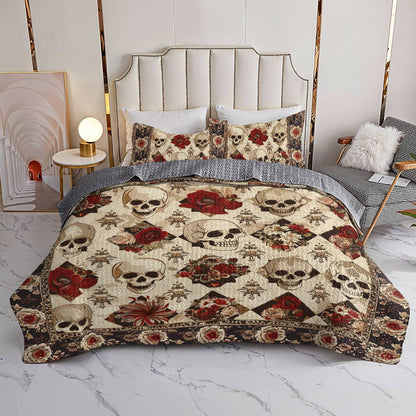 Shineful All Season Quilt 3-Piece Set Elegent Skull Roses