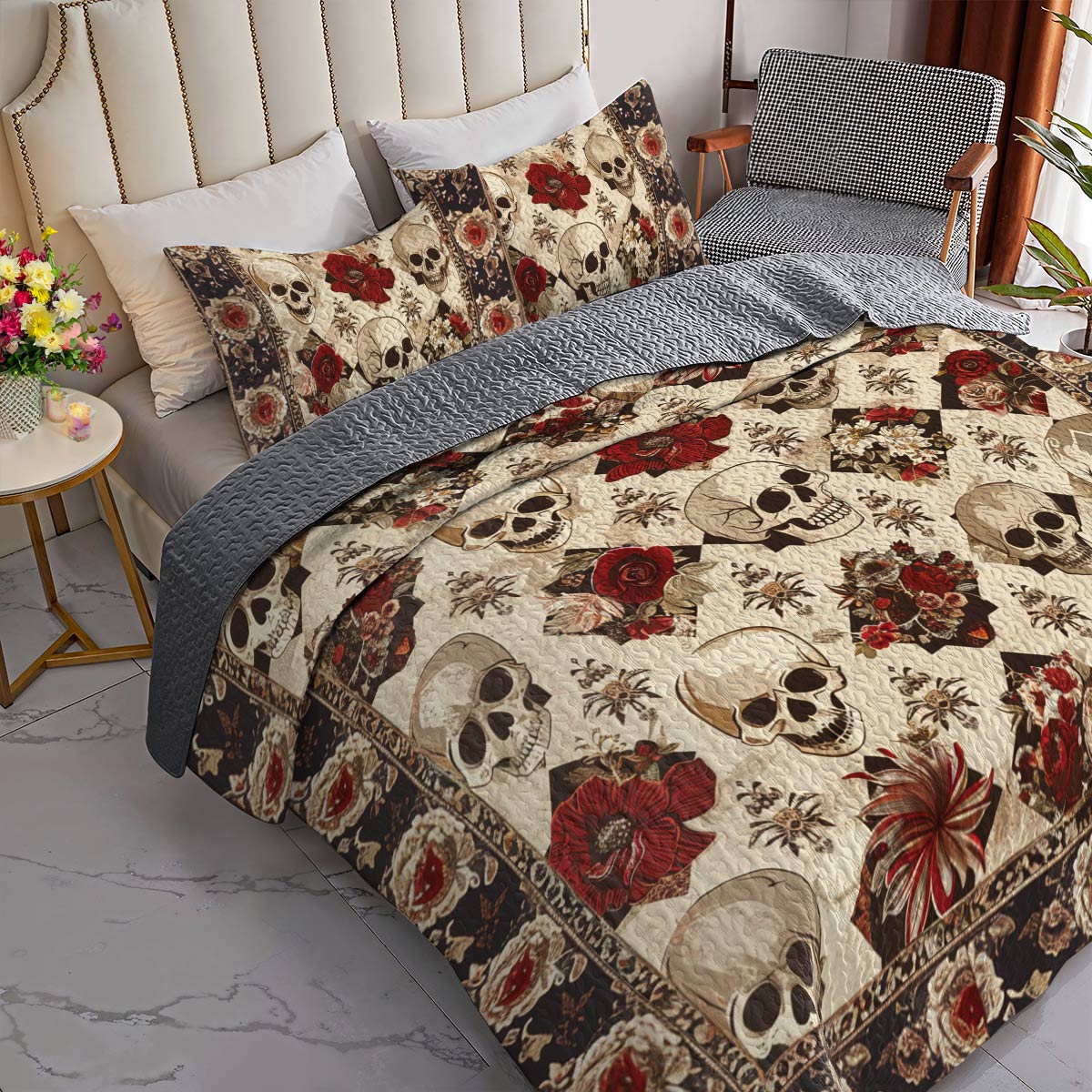 Shineful All Season Quilt 3-Piece Set Elegent Skull Roses