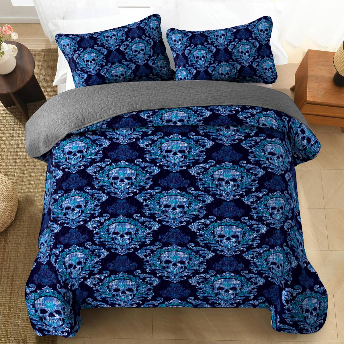 Shineful All Season Quilt 3-Piece Set Striking Skull Love