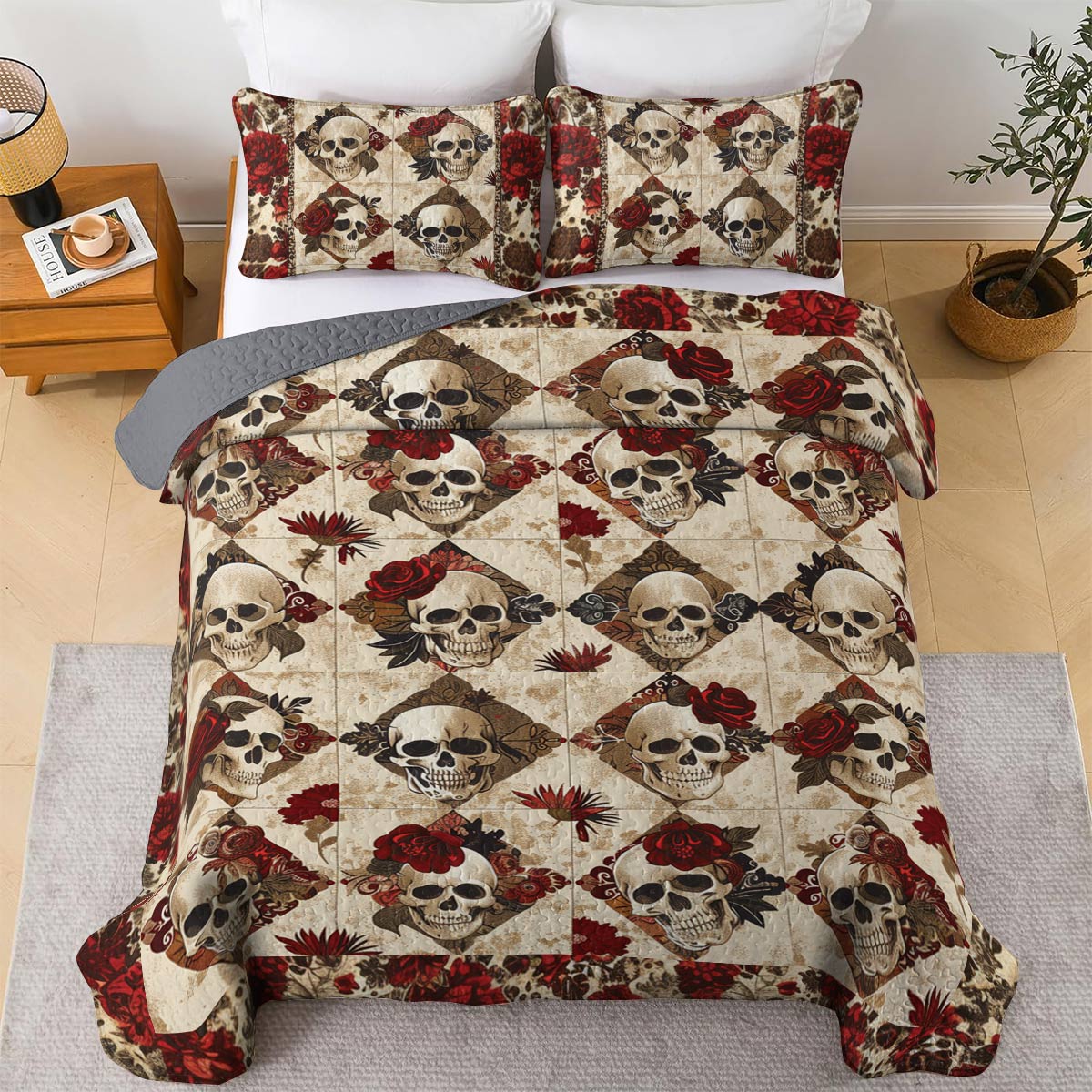 Shineful All Season Quilt 3-Piece Set Vintage Roses Skull Lovely