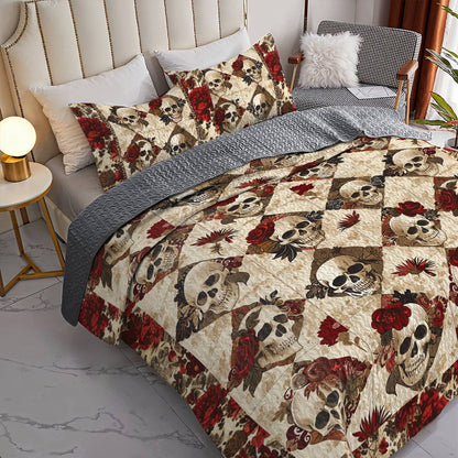 Shineful All Season Quilt 3-Piece Set Vintage Roses Skull Lovely