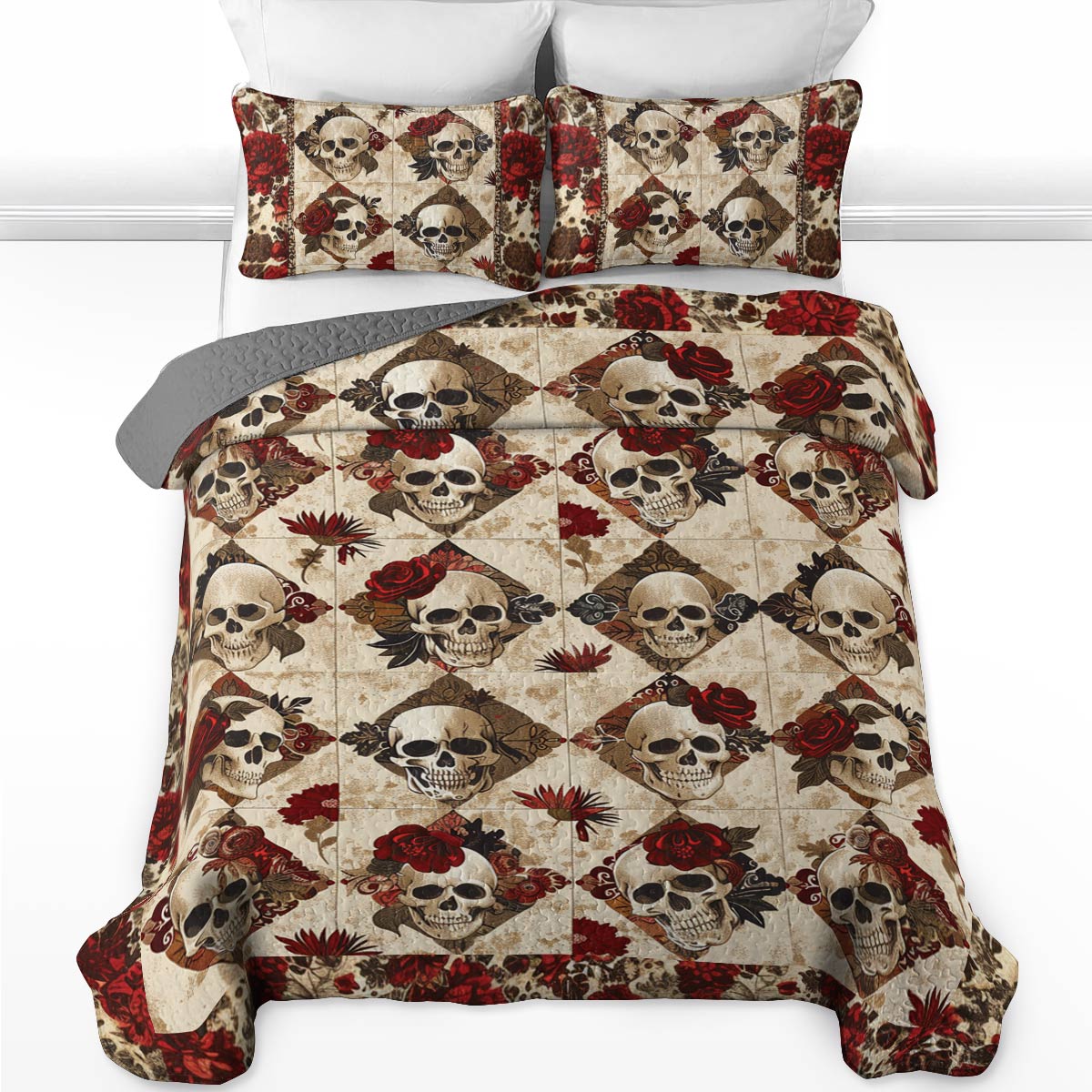 Shineful All Season Quilt 3-Piece Set Vintage Roses Skull Lovely