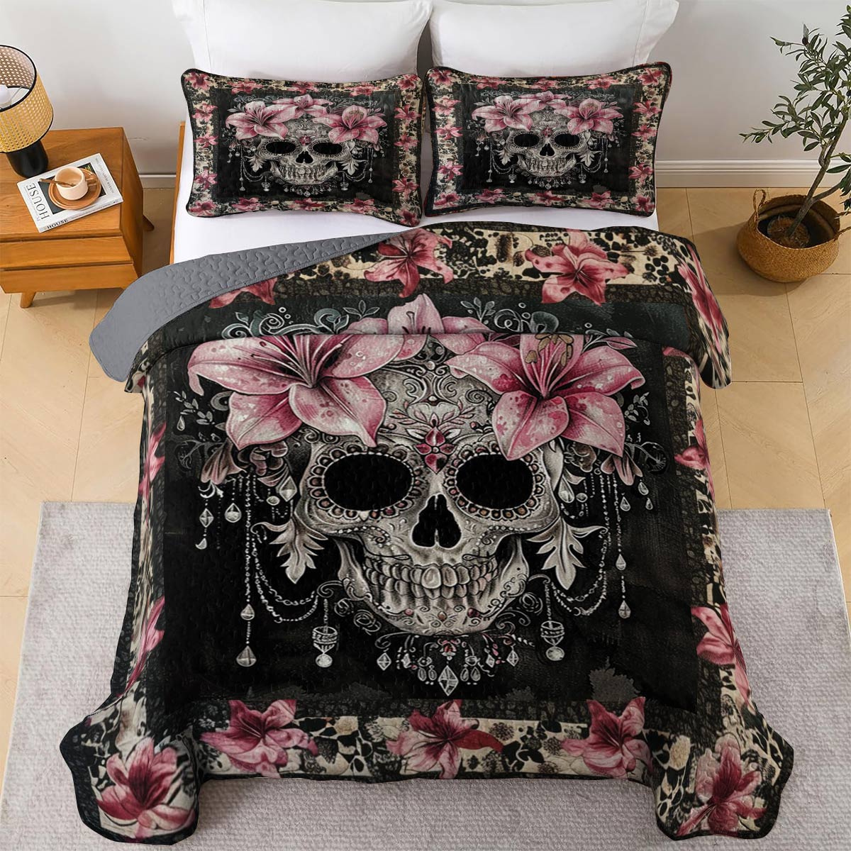 Shineful All Season Quilt 3-Piece Set Faith Love Skull With Lilies