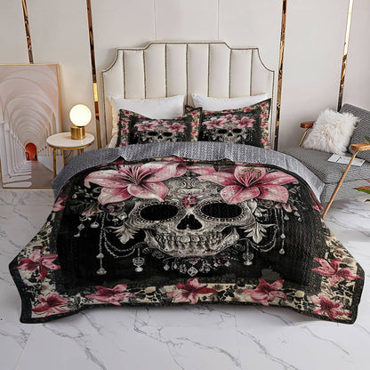 Shineful All Season Quilt 3-Piece Set Faith Love Skull With Lilies