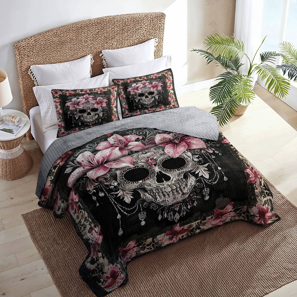 Shineful All Season Quilt 3-Piece Set Faith Love Skull With Lilies