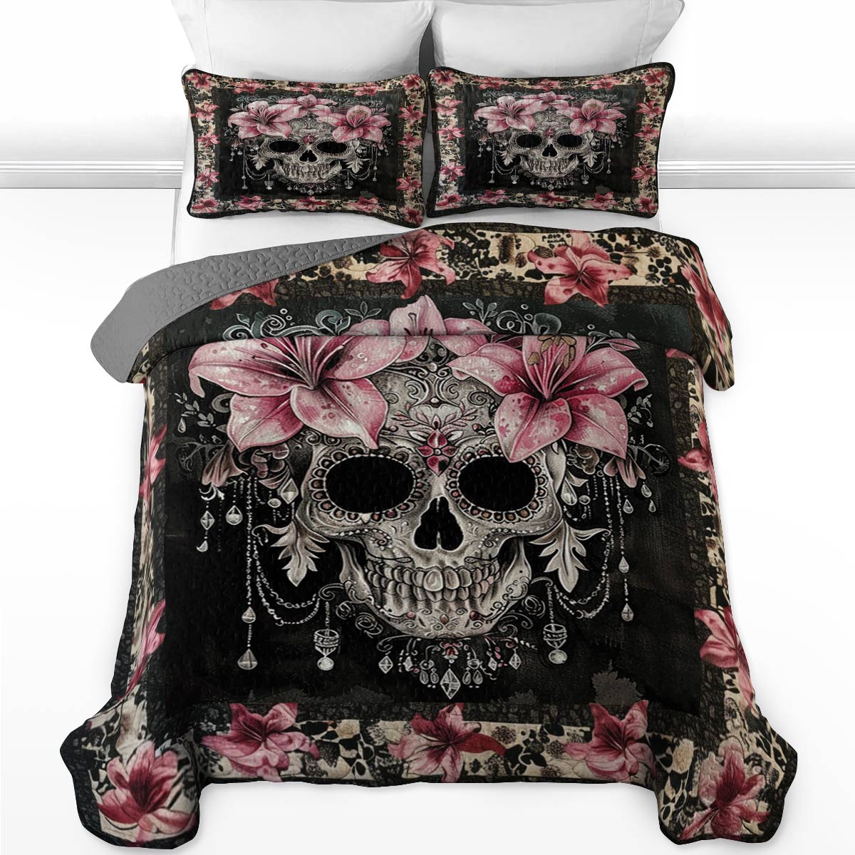 Shineful All Season Quilt 3-Piece Set Faith Love Skull With Lilies