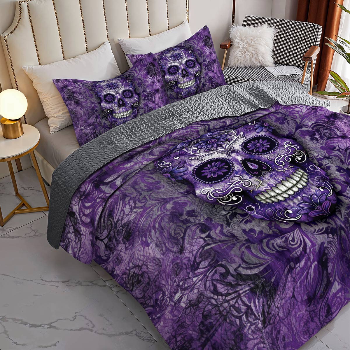 Shineful All Season Quilt 3-Piece Set Gorgeous Mandala Skull