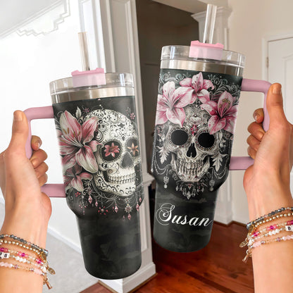 Shineful Tumbler Personalized Skull With Lilies Lovely