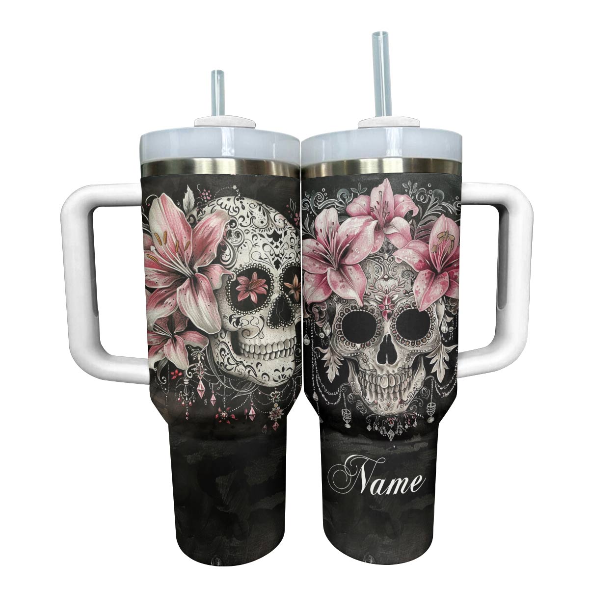 Shineful Tumbler Personalized Skull With Lilies Lovely