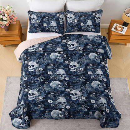 Shineful All Season Quilt 3-Piece Set Graceful Flowers Skull