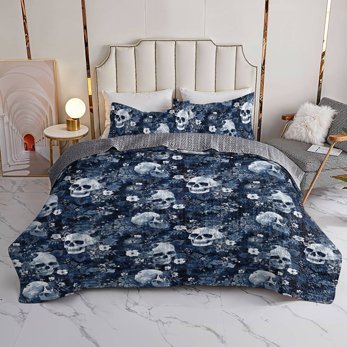 Shineful All Season Quilt 3-Piece Set Graceful Flowers Skull