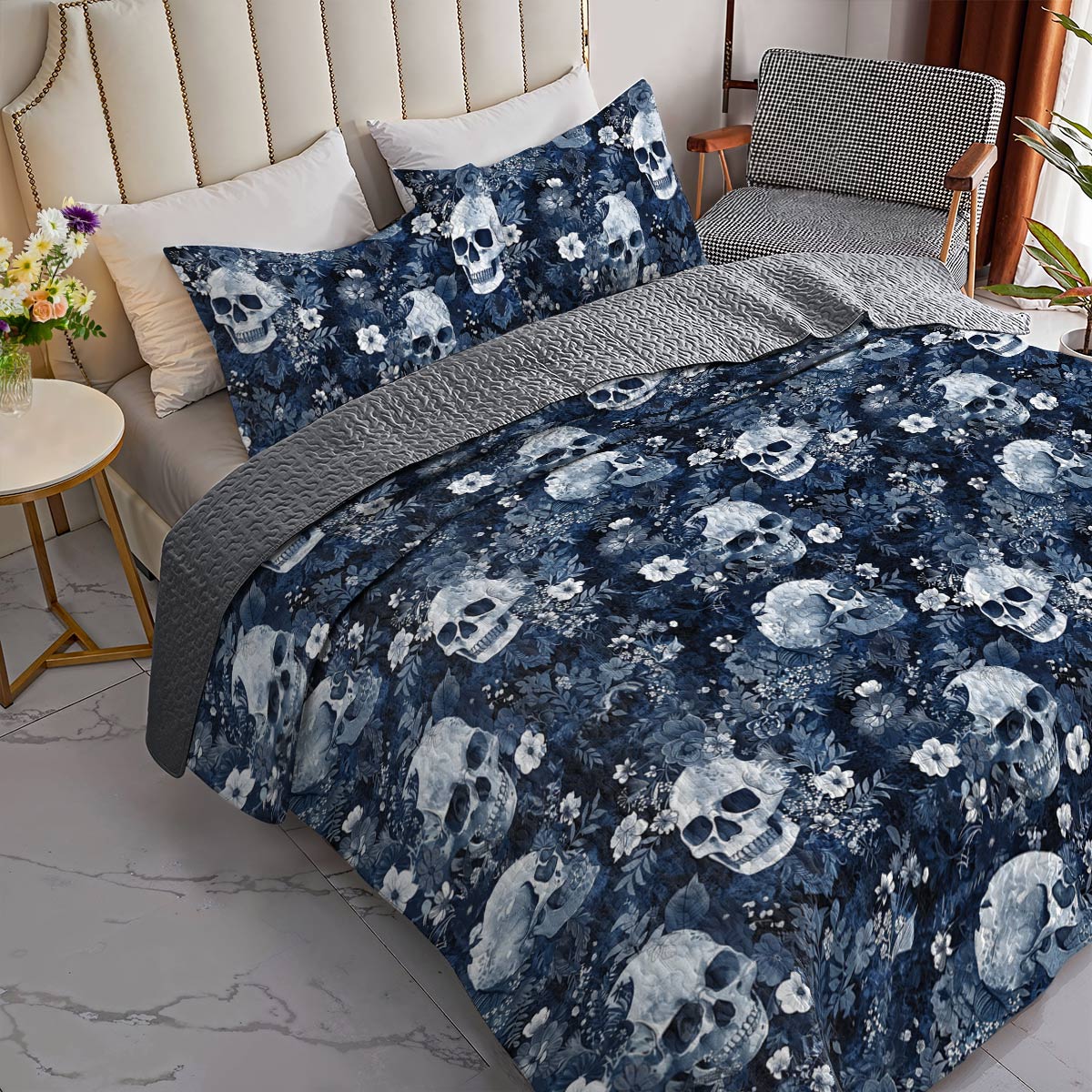 Shineful All Season Quilt 3-Piece Set Graceful Flowers Skull