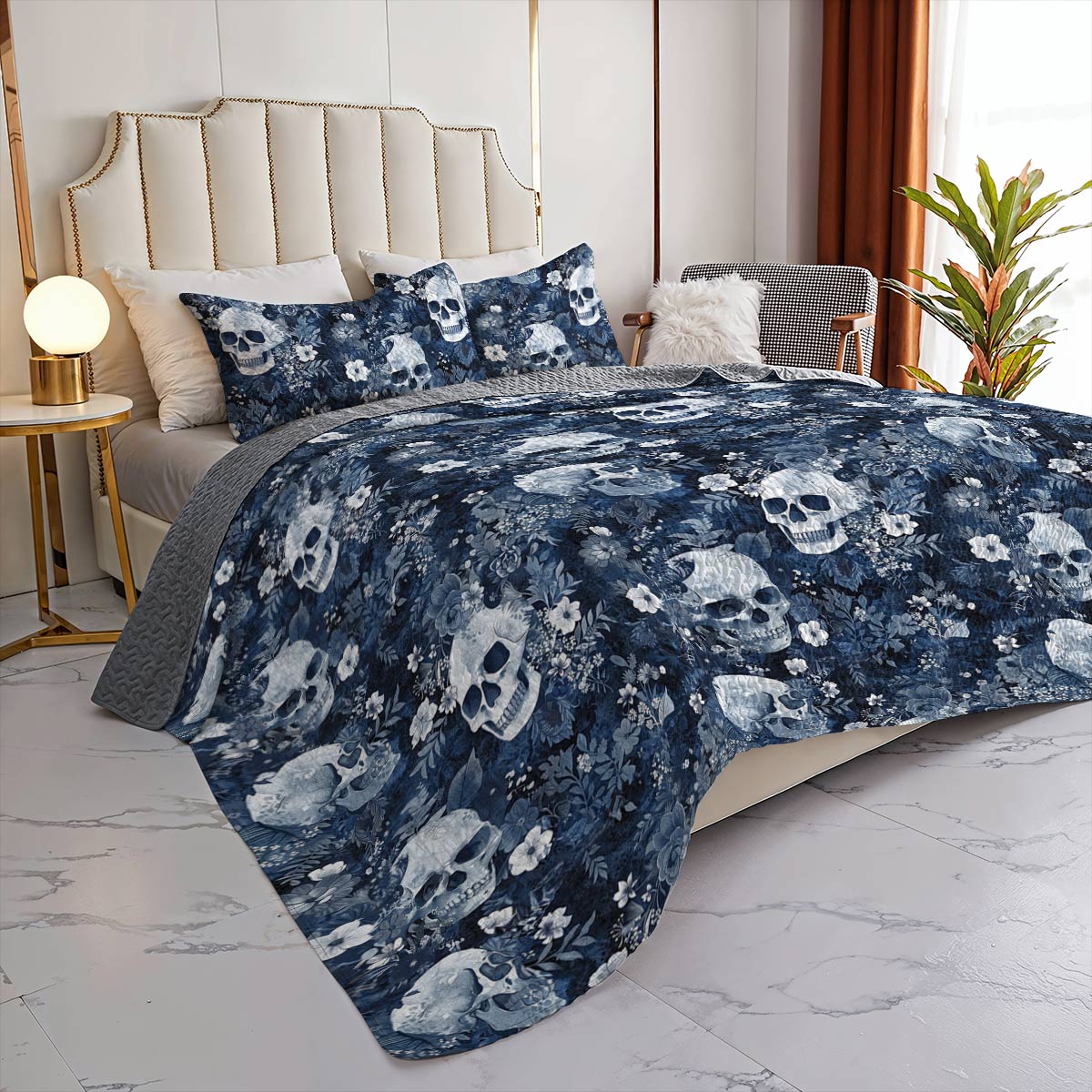 Shineful All Season Quilt 3-Piece Set Graceful Flowers Skull