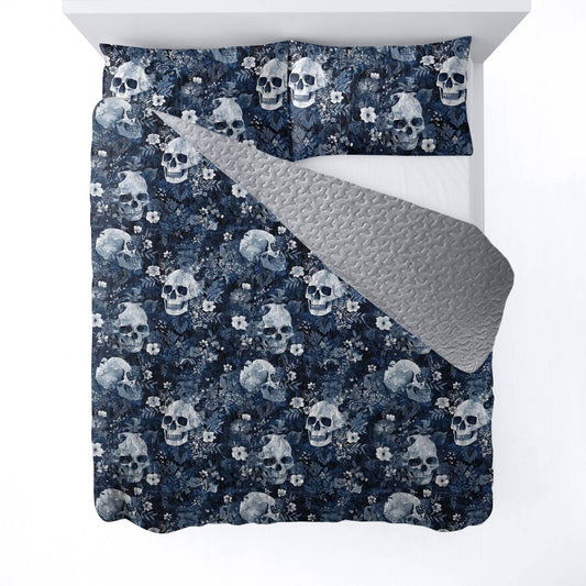 Shineful All Season Quilt 3-Piece Set Graceful Flowers Skull