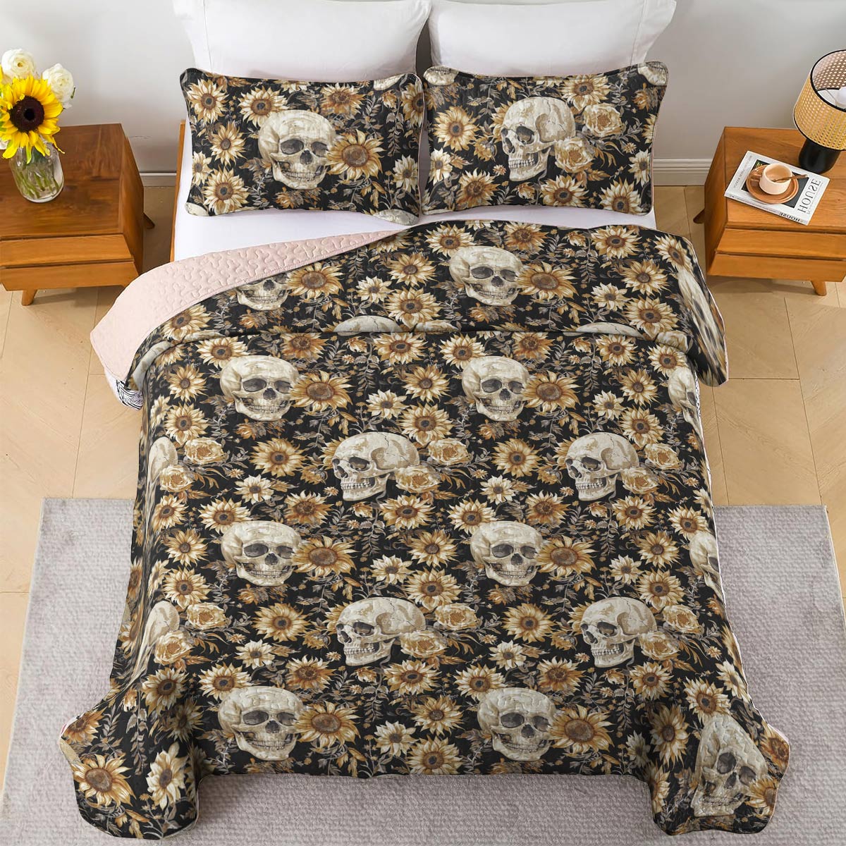 Shineful All Season Quilt 3-Piece Set Sunflower Skull