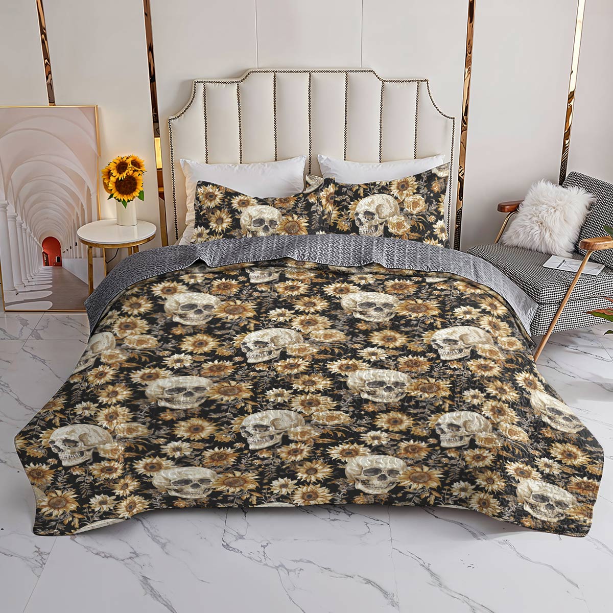 Shineful All Season Quilt 3-Piece Set Sunflower Skull