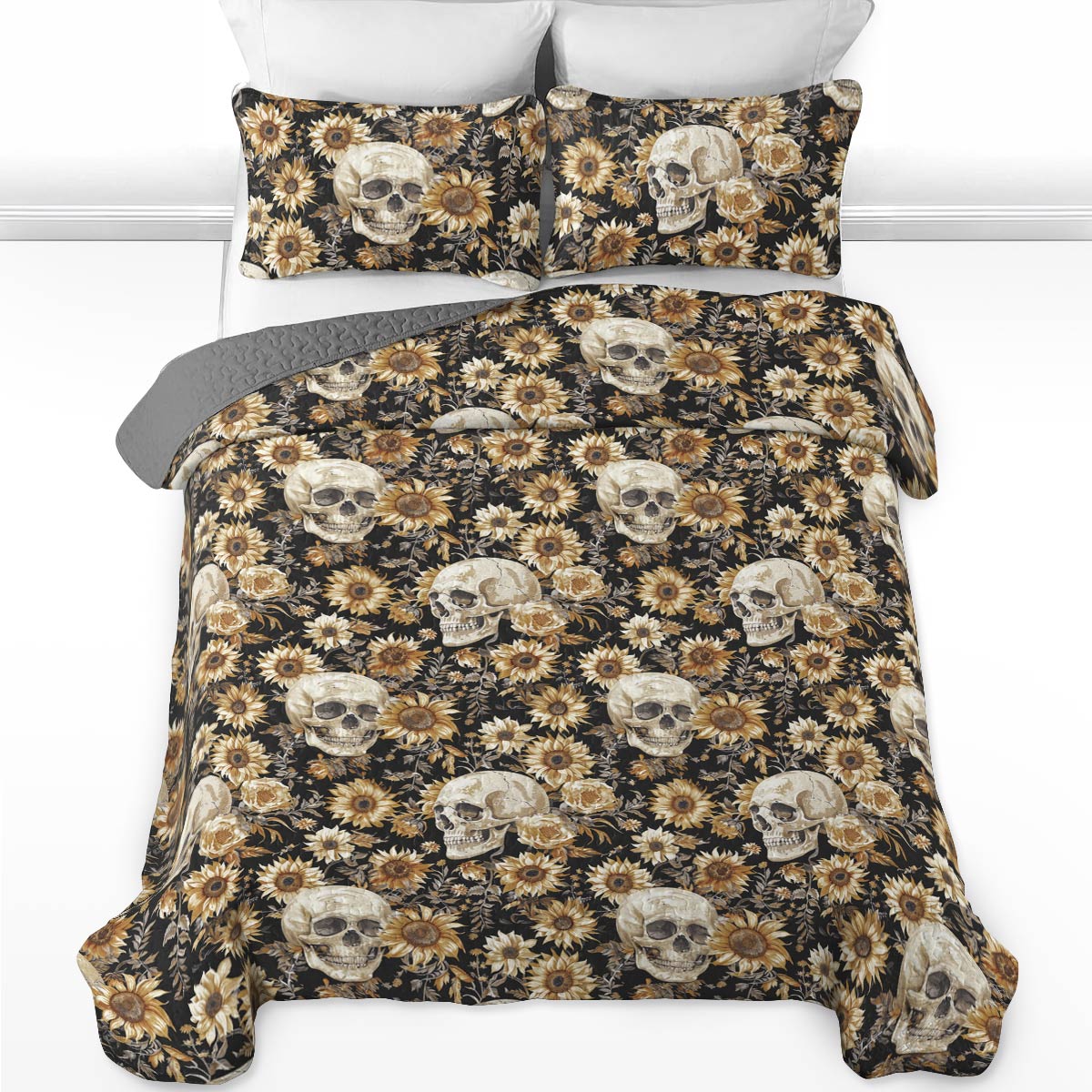 Shineful All Season Quilt 3-Piece Set Sunflower Skull