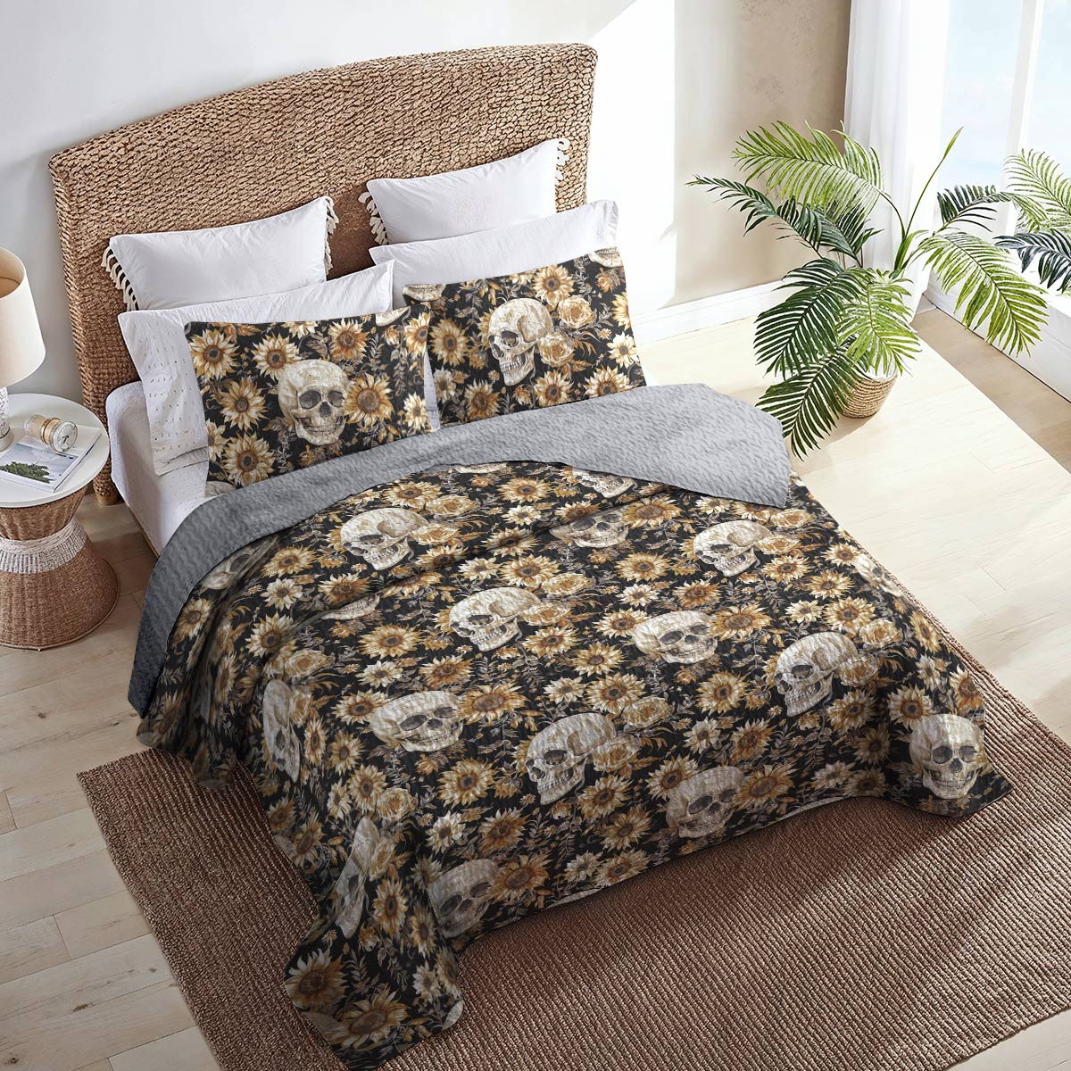 Shineful All Season Quilt 3-Piece Set Sunflower Skull