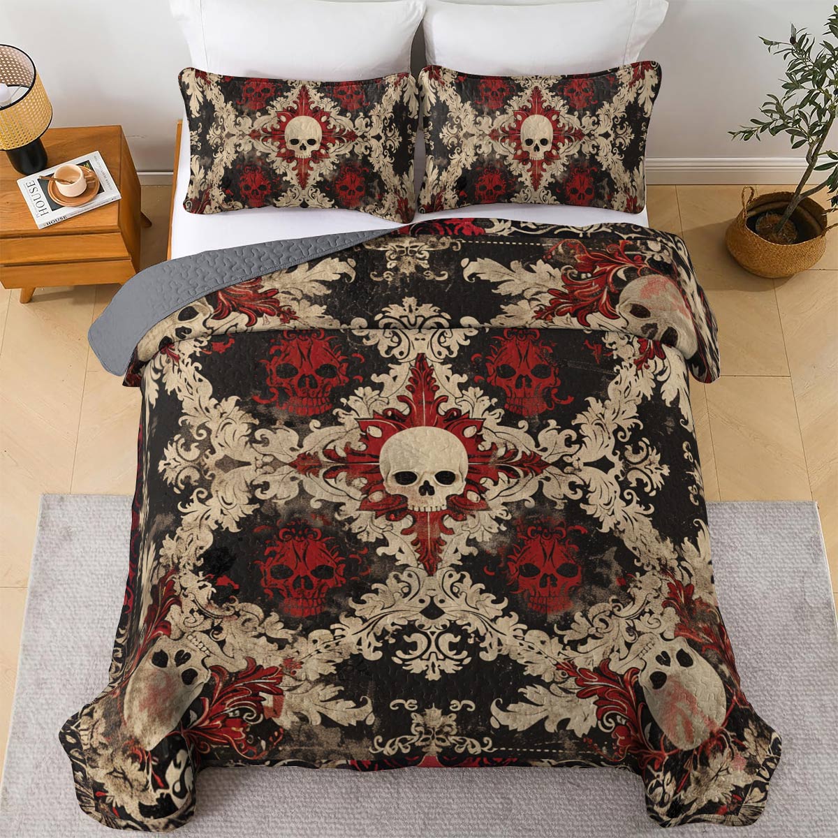 Shineful All Season Quilt 3-Piece Set Stunning Skull Damask Pattern