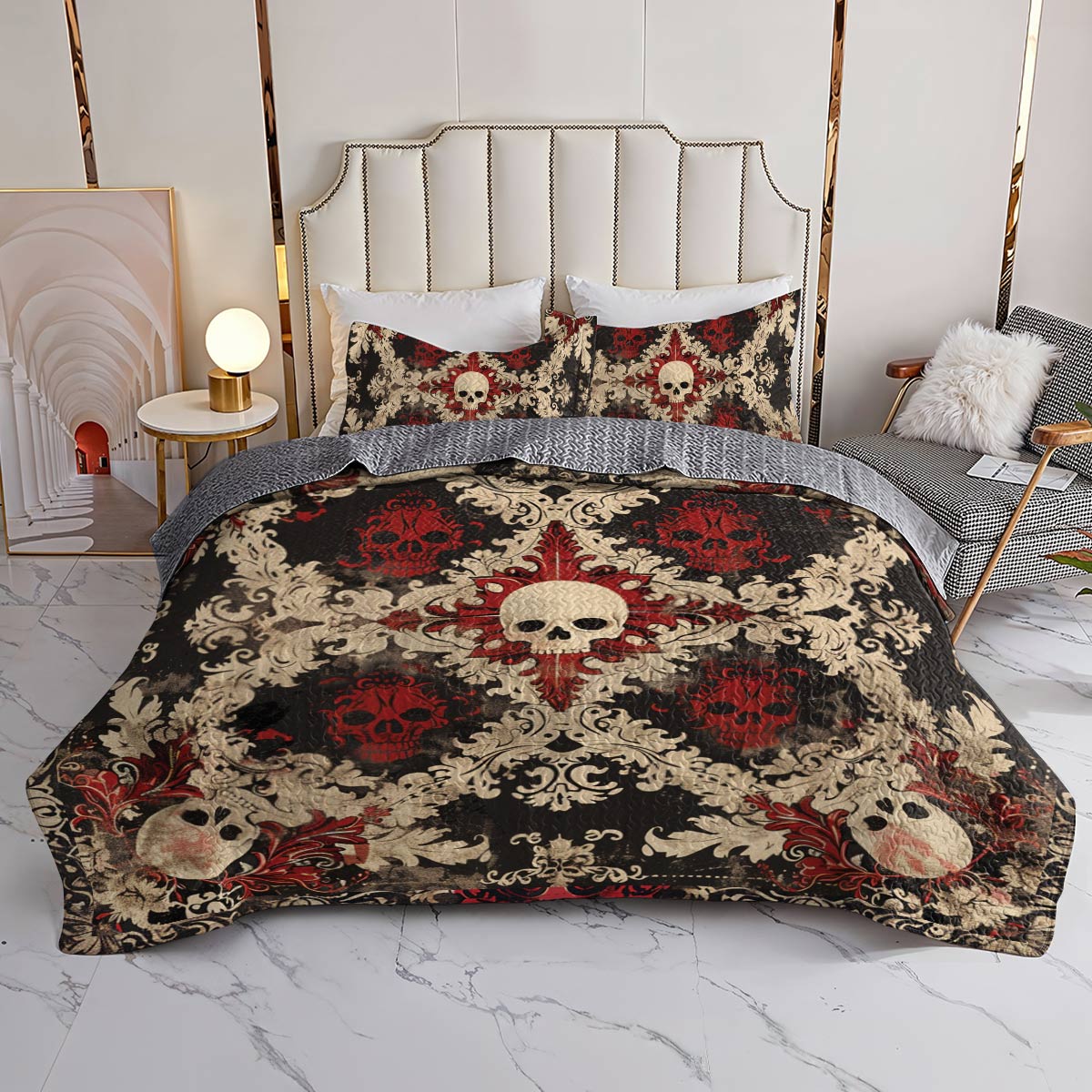 Shineful All Season Quilt 3-Piece Set Stunning Skull Damask Pattern