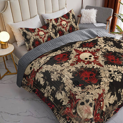 Shineful All Season Quilt 3-Piece Set Stunning Skull Damask Pattern