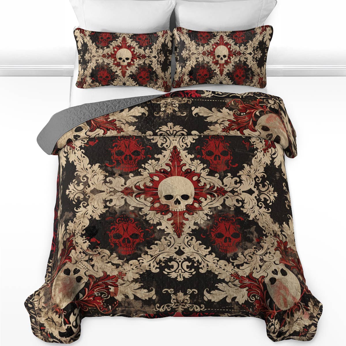 Shineful All Season Quilt 3-Piece Set Stunning Skull Damask Pattern