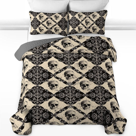 Shineful All Season Quilt 3-Piece Set Elegant Skull Damask Pattern