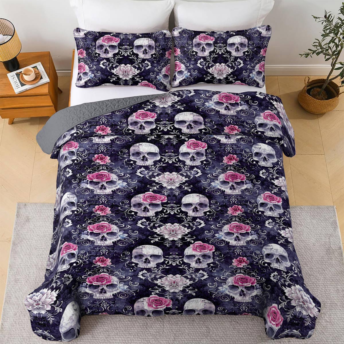 Shineful All Season Quilt 3-Piece Set Everlasting Love Skull Roses