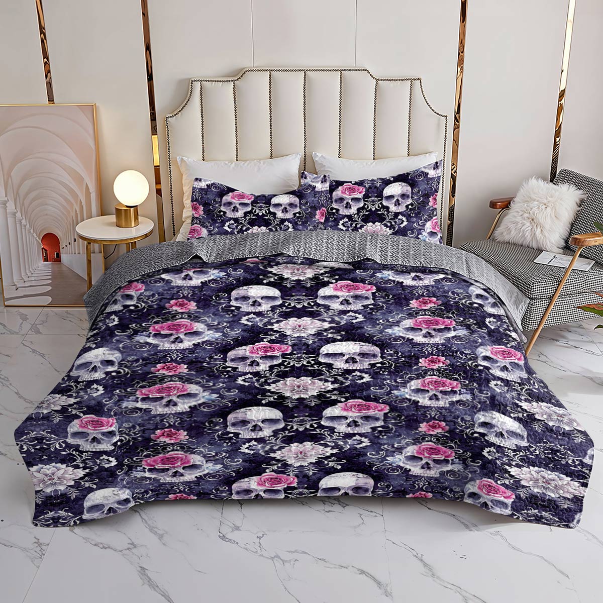 Shineful All Season Quilt 3-Piece Set Everlasting Love Skull Roses