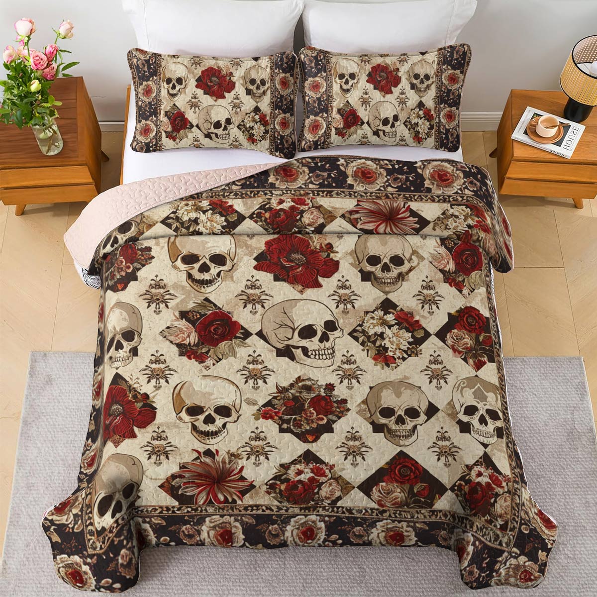 Shineful All Season Quilt 3-Piece Set Elegent Skull Roses