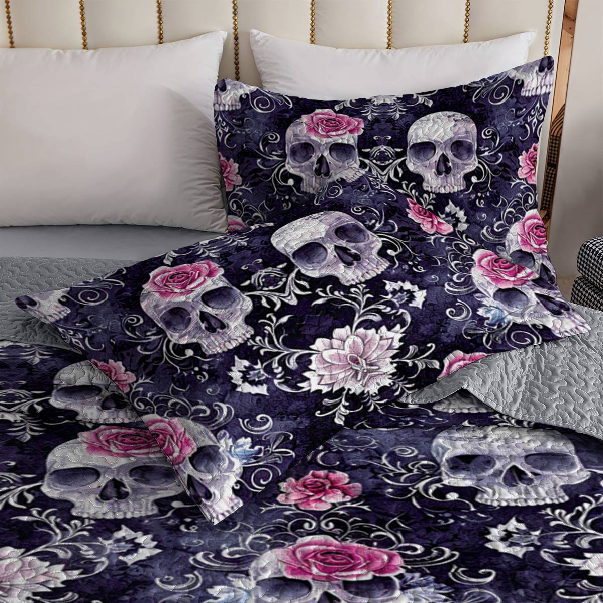 Shineful All Season Quilt 3-Piece Set Everlasting Love Skull Roses