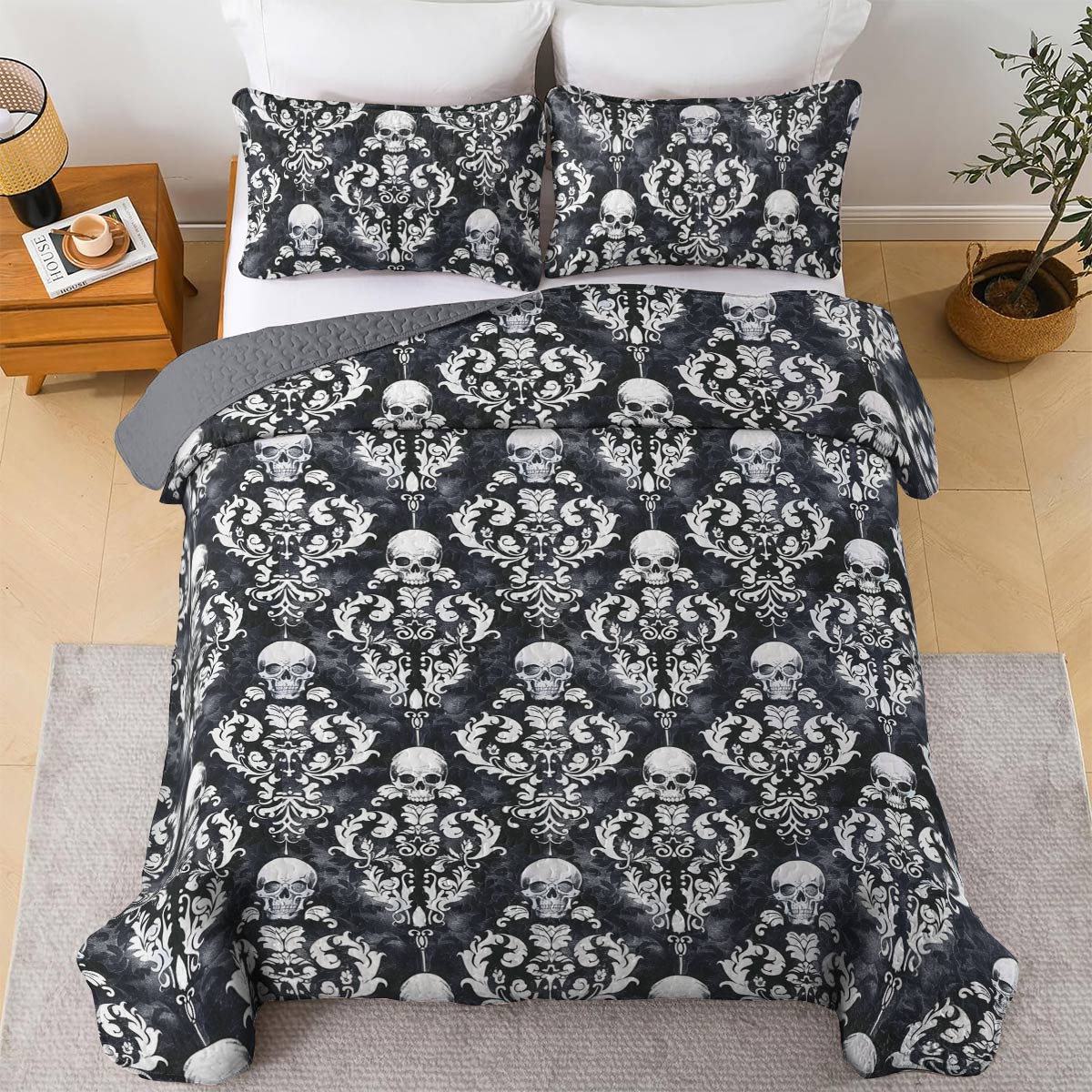 Shineful All Season Quilt 3-Piece Set Beautiful Skull Damask Pattern