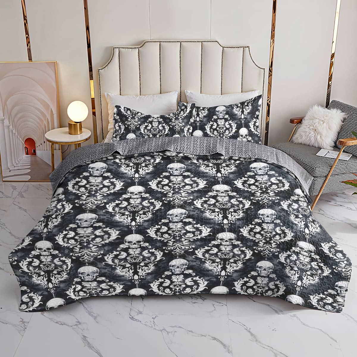 Shineful All Season Quilt 3-Piece Set Beautiful Skull Damask Pattern