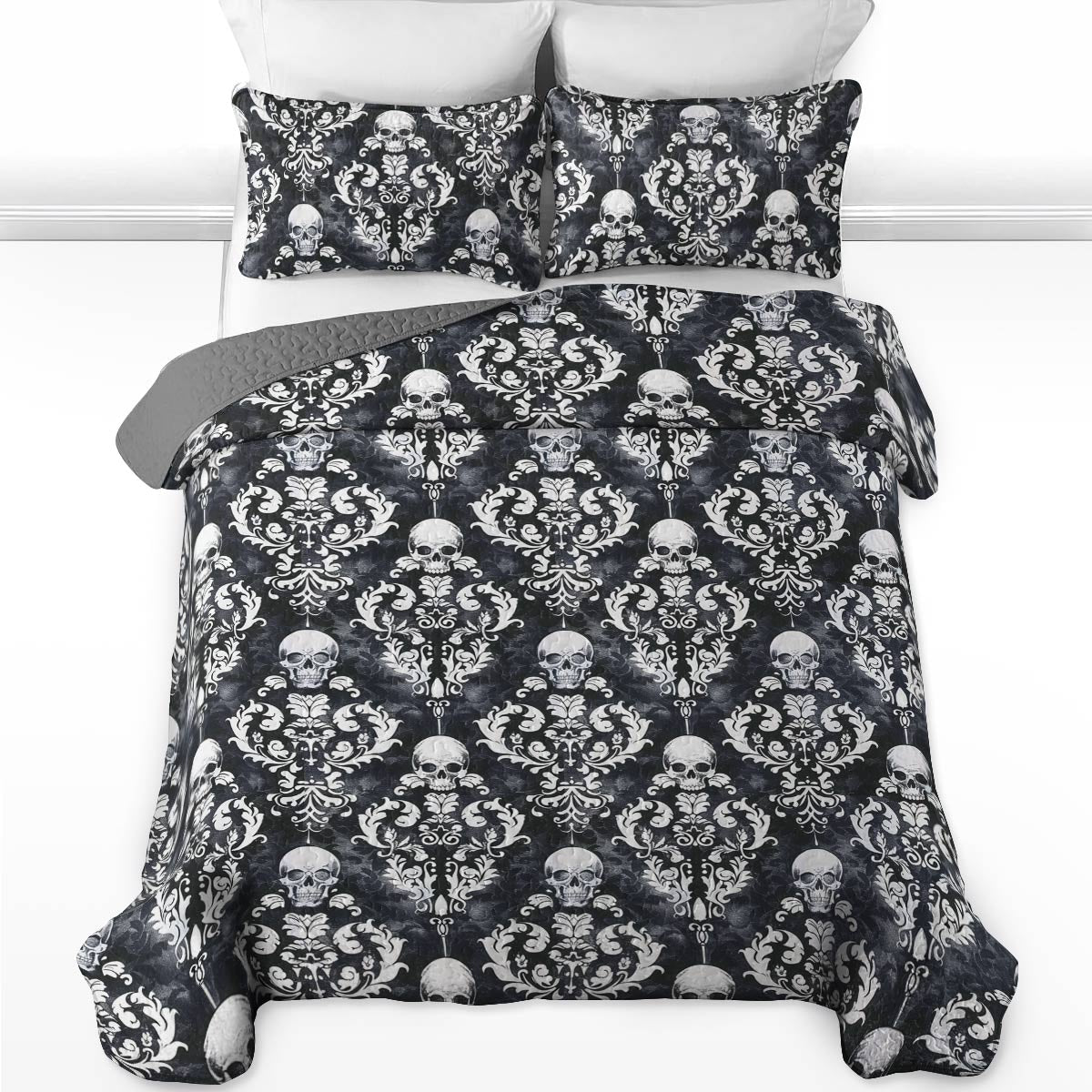 Shineful All Season Quilt 3-Piece Set Beautiful Skull Damask Pattern