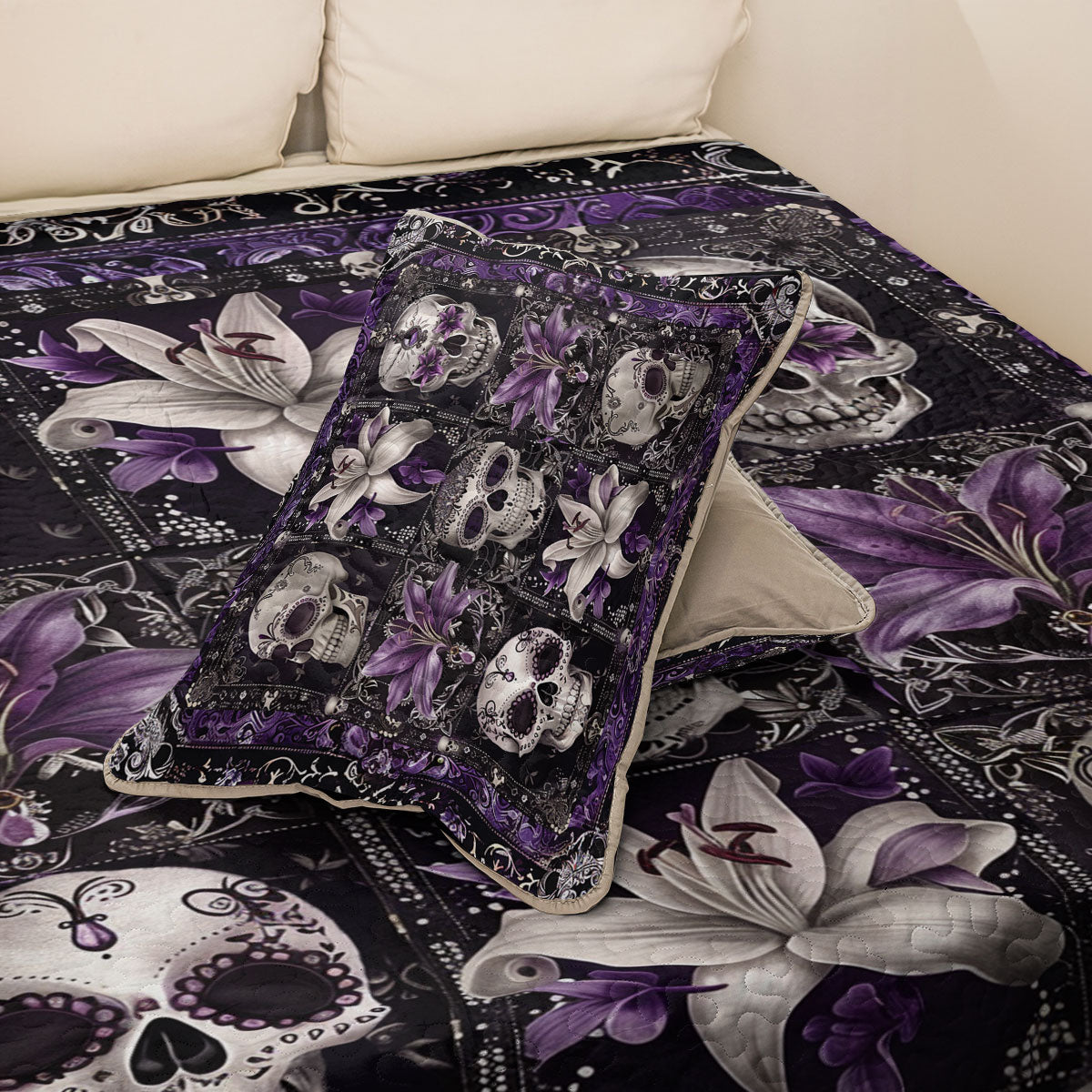 Shineful All Season Quilt 3-Piece Set Purple Skull Serenity