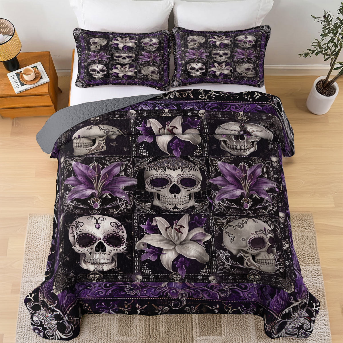 Shineful All Season Quilt 3-Piece Set Purple Skull Serenity