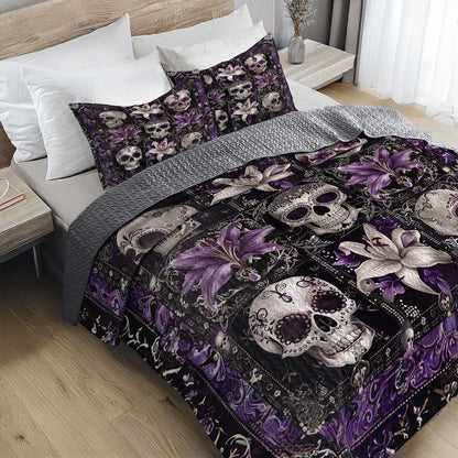 Shineful All Season Quilt 3-Piece Set Purple Skull Serenity