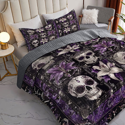 Shineful All Season Quilt 3-Piece Set Purple Skull Serenity