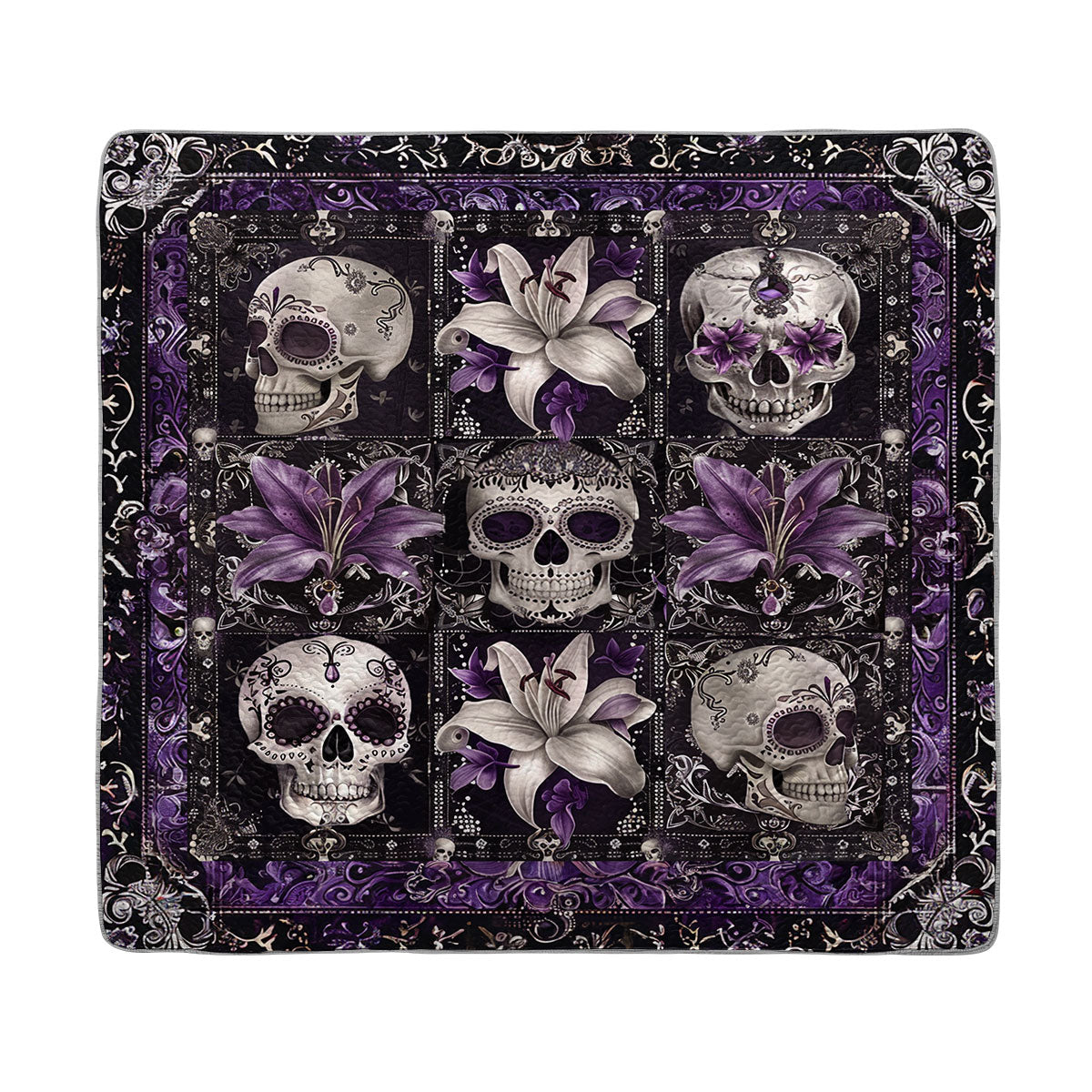 Shineful All Season Quilt 3-Piece Set Purple Skull Serenity