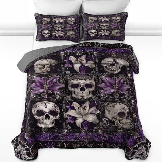 Shineful All Season Quilt 3-Piece Set Purple Skull Serenity