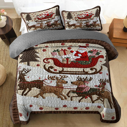 Shineful Flat Print Quilt 3-Piece Set Cozy Santa Claus With Reindeer Pulling His Sleigh Full Of Gifts