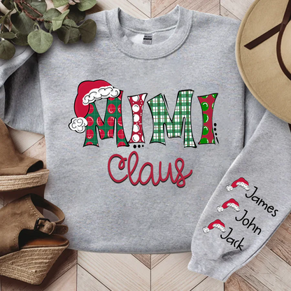 Glänzendes Fleece-Sweatshirt mit Rundhalsausschnitt, personalisierbar, Mimi, Oma Claus, Weihnachten und Enkelkinder, Sweatshirt