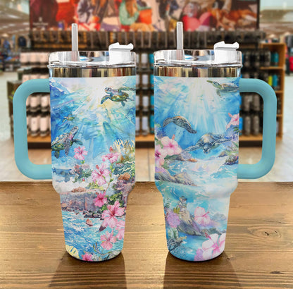 Shineful Tumbler Charming Sea Turtles With Hibiscus Flowers