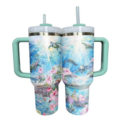 Shineful Tumbler Charming Sea Turtles With Hibiscus Flowers