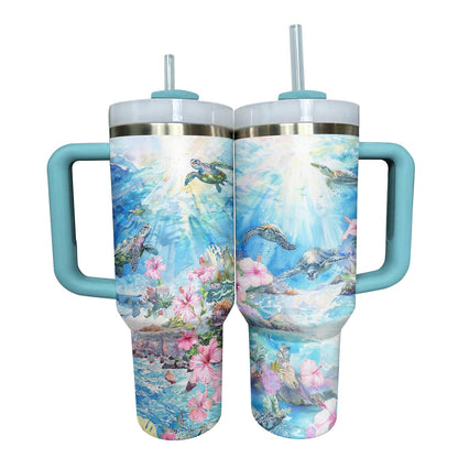 Shineful Tumbler Charming Sea Turtles With Hibiscus Flowers