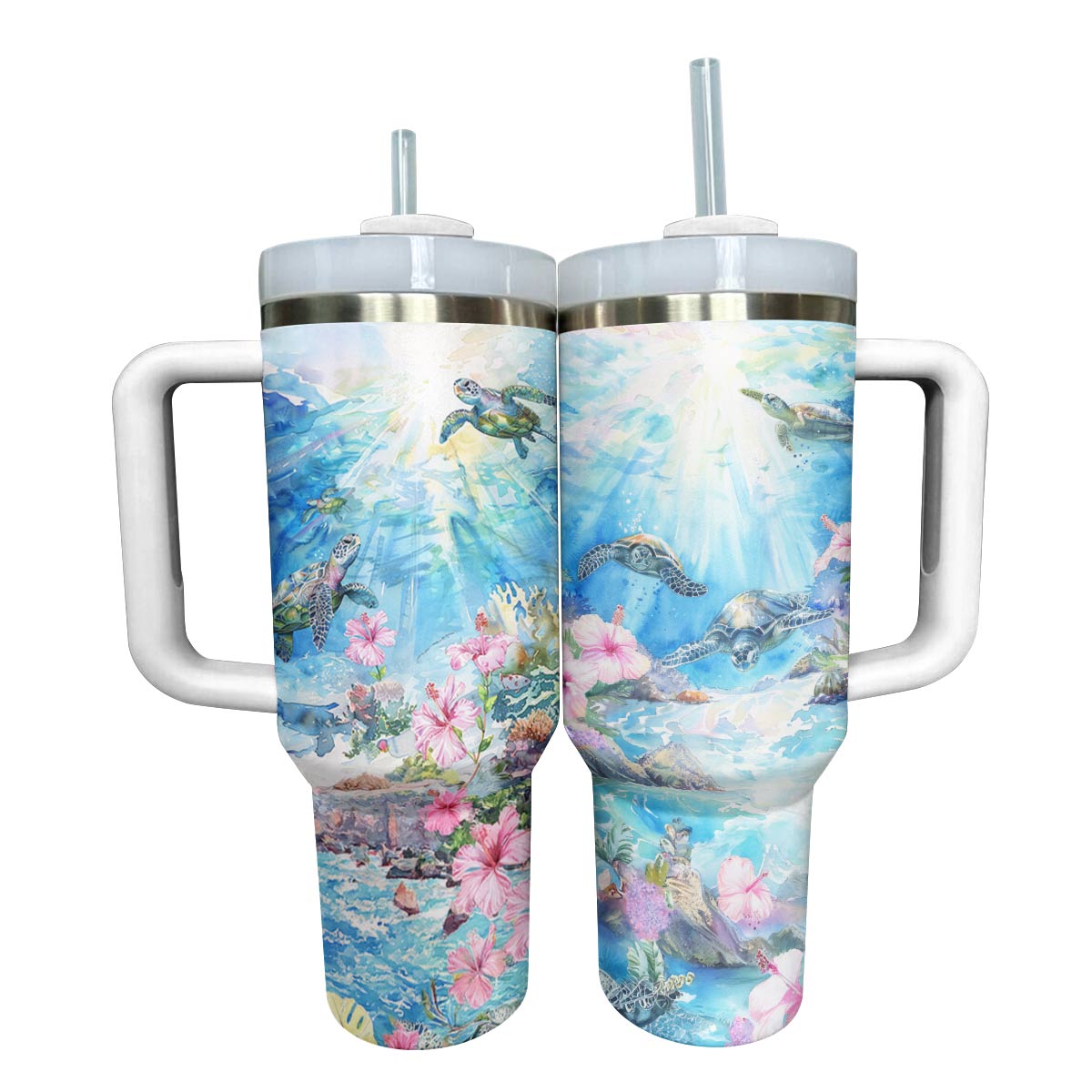 Shineful Tumbler Charming Sea Turtles With Hibiscus Flowers